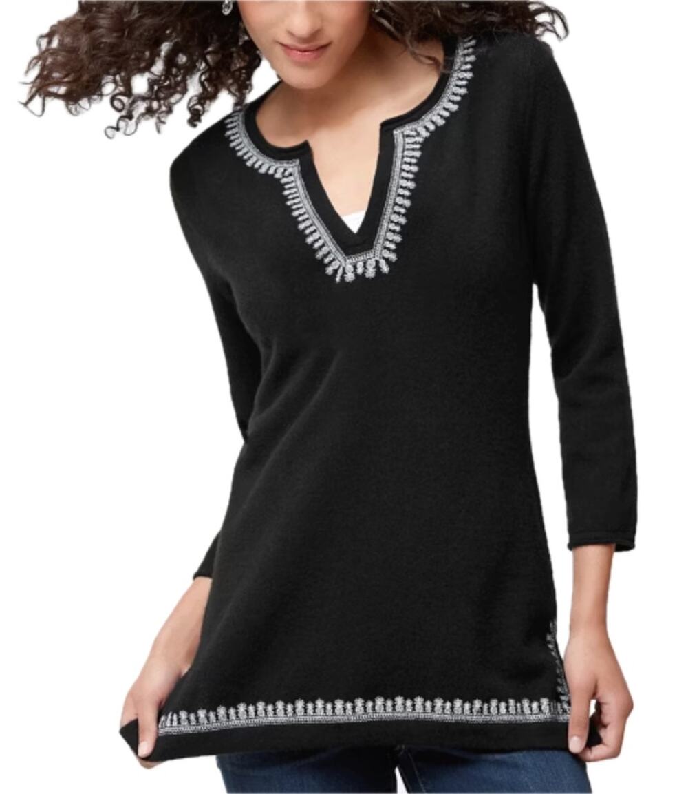 Tommy Bahama Black Cashmere White Pineapple Embroidered Tunic Sweater size XS